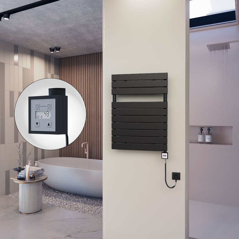 10H Electric Towel Warmer 600x810 Matte Black Ktx3 300 W (Spiral Cable)