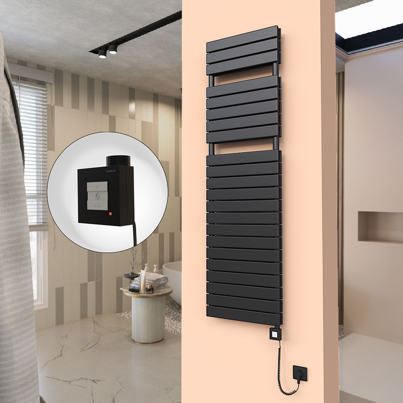 20H Sèche Serviettes Electrique 500x1772 Noir mat Ktx1 1000 Watt Câble en spirale