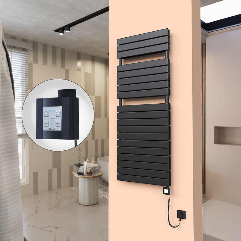 20H Sèche Serviettes Electrique 600x1550 Noir mat Ktx4 1000 Watt Câble en spirale
