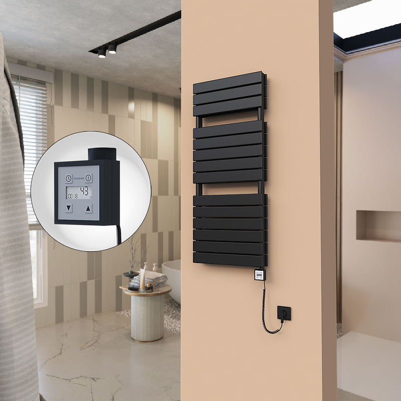 21H Sèche Serviettes Electrique 500x1180 Noir mat Ktx3 1000 Watt Câble en spirale