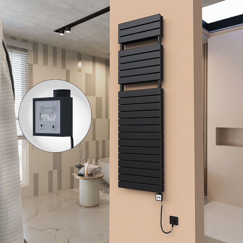 21H Sèche Serviettes Electrique 500x1772 Noir mat Ktx3 1000 Watt Câble en spirale