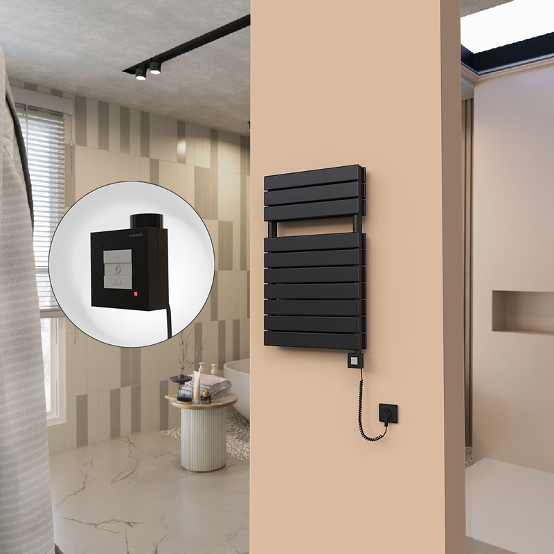 21H Sèche Serviettes Electrique 500x810 Noir mat Ktx1 1000 Watt Câble en spirale