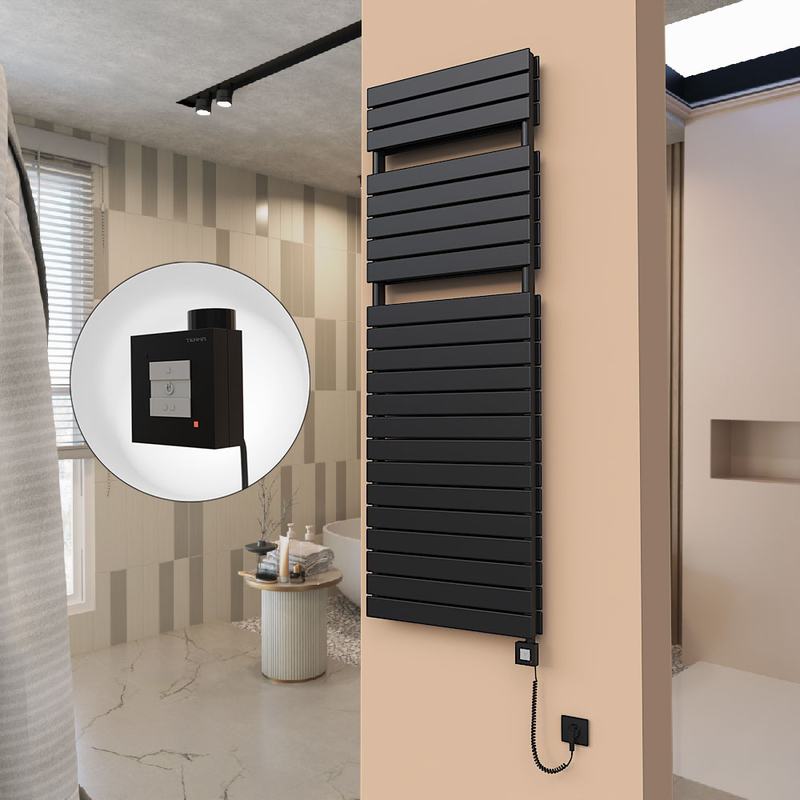 21H Sèche Serviettes Electrique 600x1772 Noir mat Ktx1 1000 Watt Câble en spirale