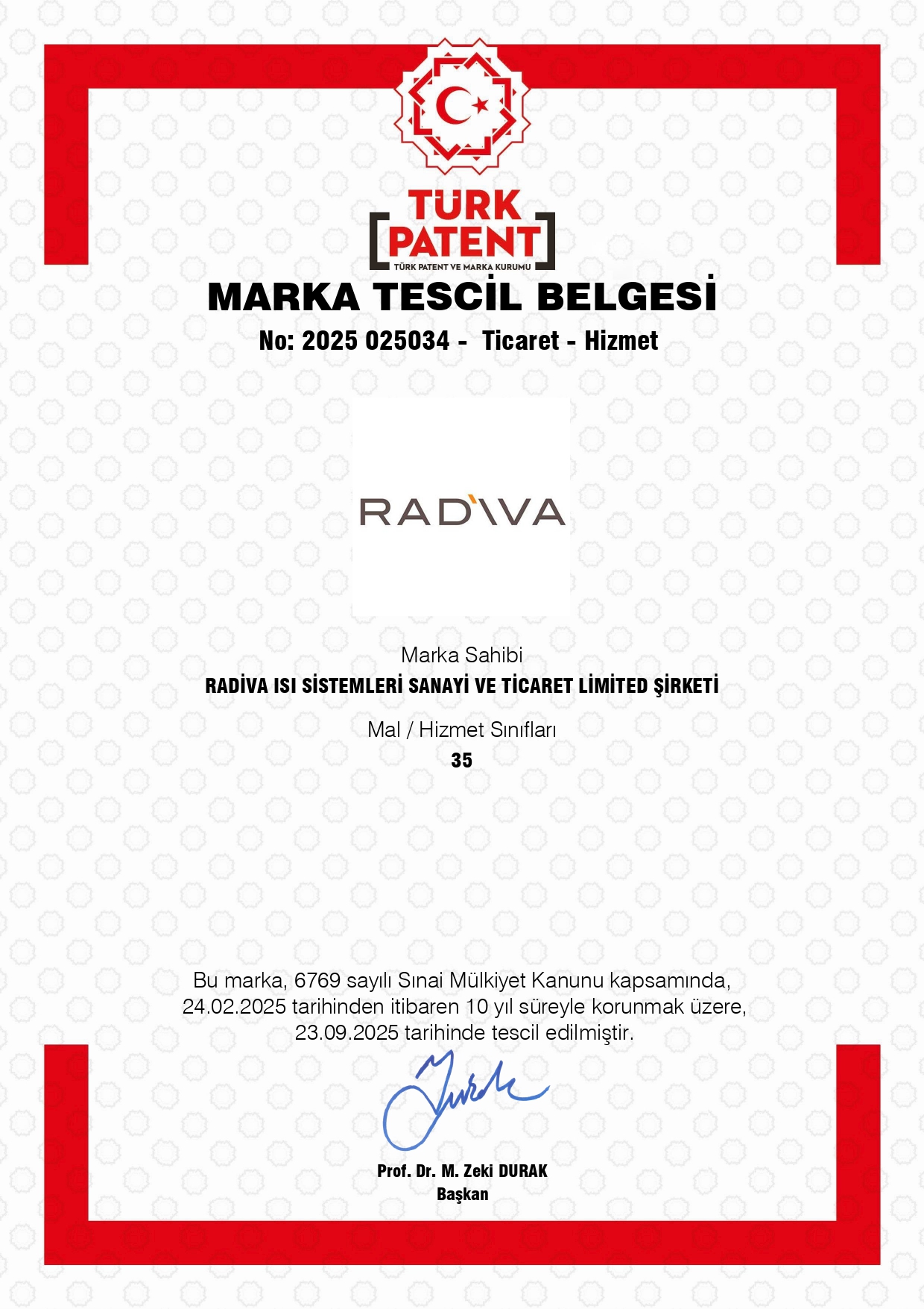 Radiva Marka Tescil Belgesi 1