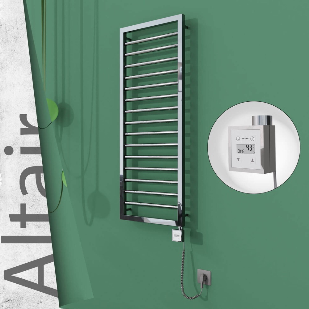 Altair Electric Stainless Steel Towel Rail 400x1180 Mirror Polished (KTX3 Thermostat) 300W Spiral Cable - 1
