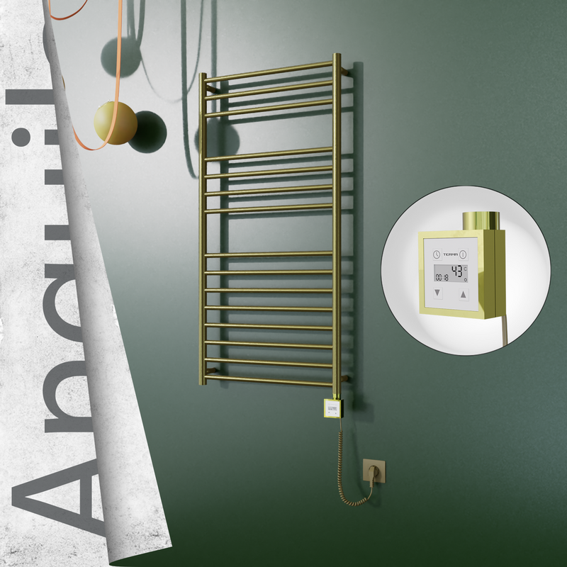 Angulia Electric Stainless Steel Towel Rail 600x1210 Gold (KTX3 Thermostat) 300W Spiral Cable