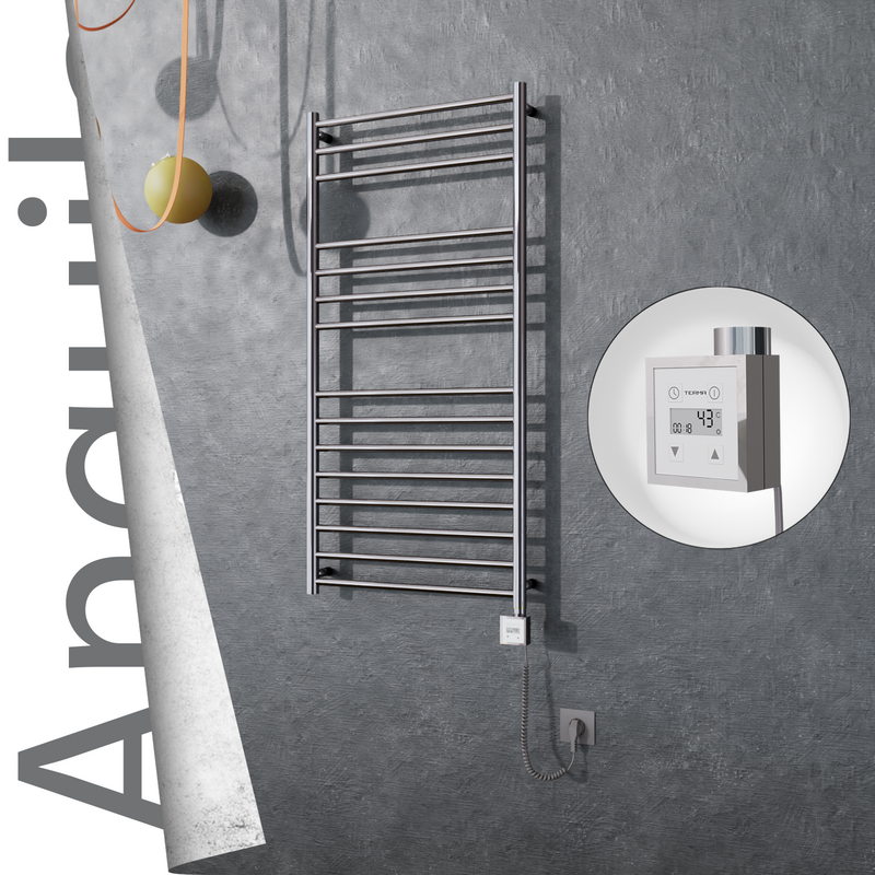 Angulia Electric Stainless Steel Towel Rail 600x1210 Mirror Polished (KTX3 Thermostat) 300W Spiral Cable
