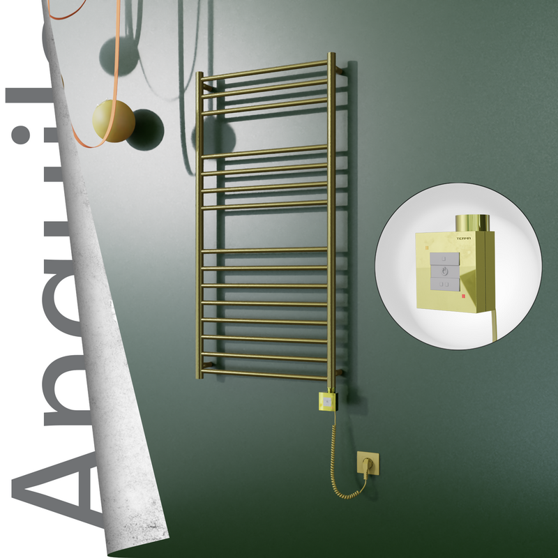 Angulia Electric Stainless Steel Towel Rail 600x1210 Satin Gold (KTX1 Thermostat) 300W Spiral Cable