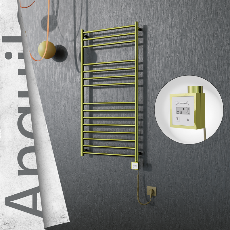 Angulia Electric Stainless Steel Towel Rail 600x1210 Satin Gold (KTX3 Thermostat) 300W Spiral Cable