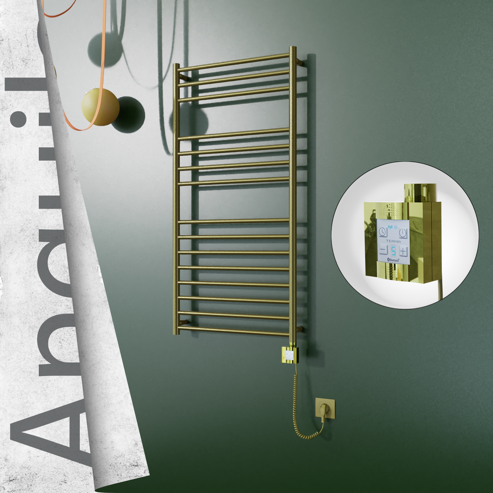 Angulia Electric Stainless Steel Towel Rail 600x1210 Satin Gold (KTX4 Thermostat) 300W Spiral Cable - 1