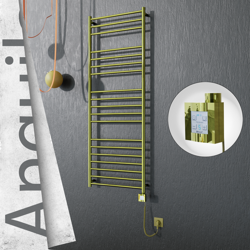 Angulia Electric Stainless Steel Towel Rail 600x1630 Gold (KTX4 Thermostat) 300W Spiral Cable