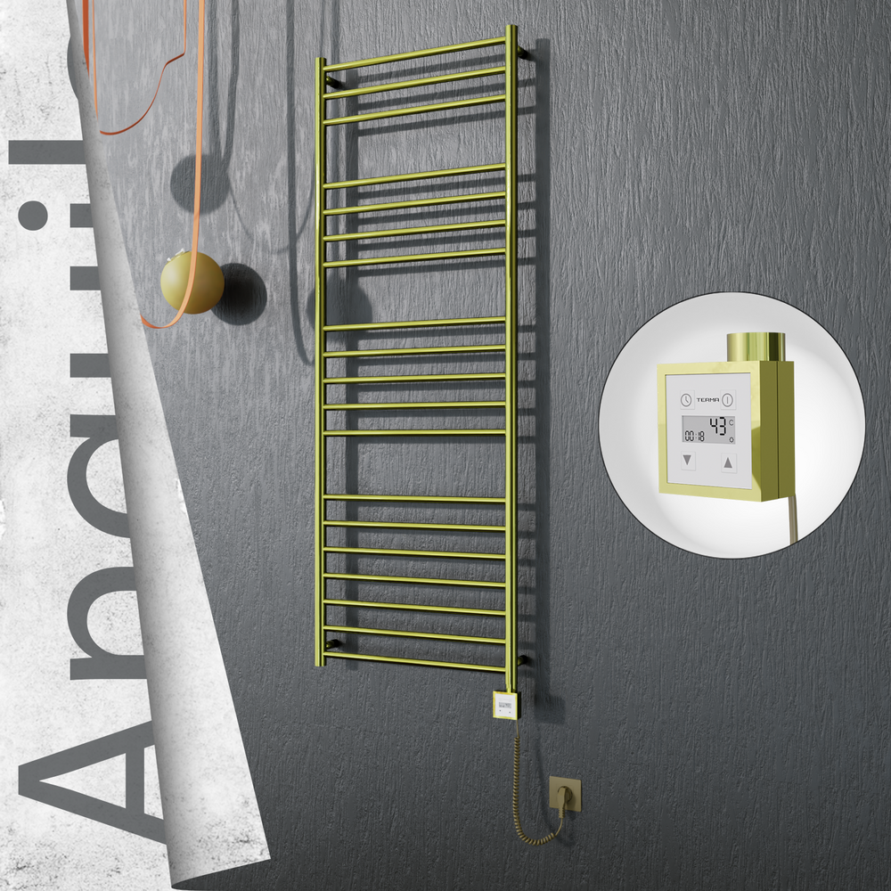 Angulia Electric Stainless Steel Towel Rail 600x1630 Satin Gold (KTX3 Thermostat) 300W Spiral Cable - 1