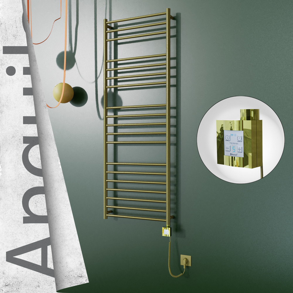 Angulia Electric Stainless Steel Towel Rail 600x1630 Satin Gold (KTX4 Thermostat) 300W Spiral Cable - 1