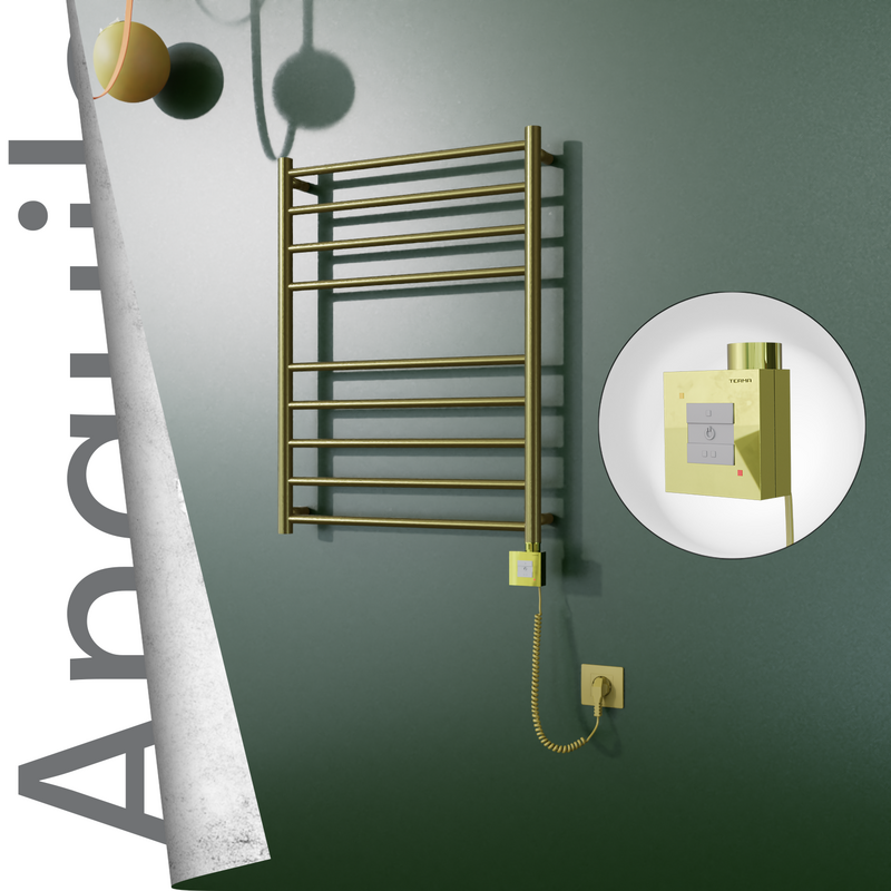 Angulia Electric Stainless Steel Towel Rail 600x790 Satin Gold (KTX1 Thermostat) 200W Spiral Cable