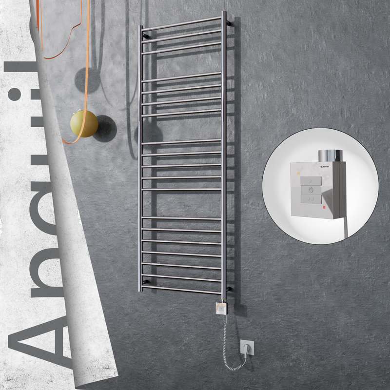 Angulia Sèche-serviettes Électrique en Inox 600x1630 Poli Miroir (KTX1 Thermostat) 300W Câble Spiralé 
