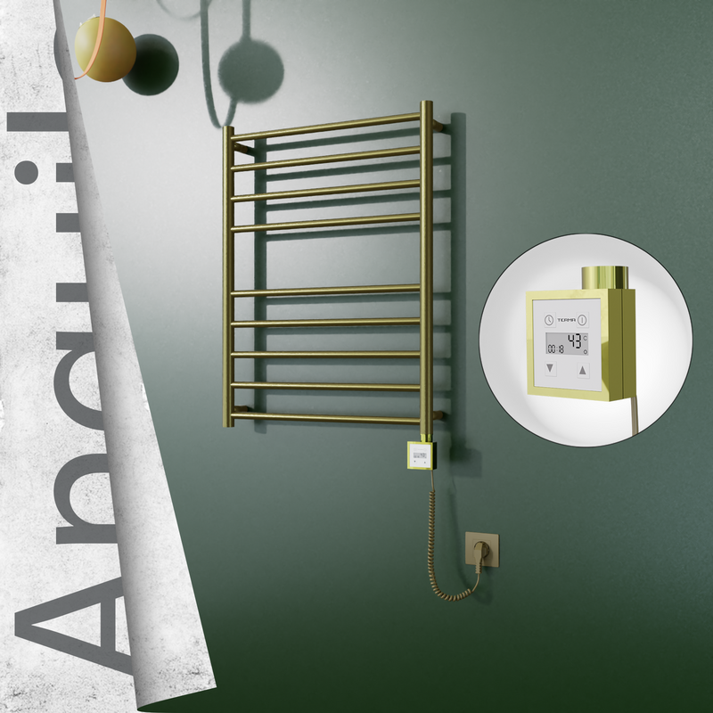Angulia Sèche-serviettes Électrique en Inox 600x790 Doré (KTX3 Thermostat) 200W Câble Spiralé 