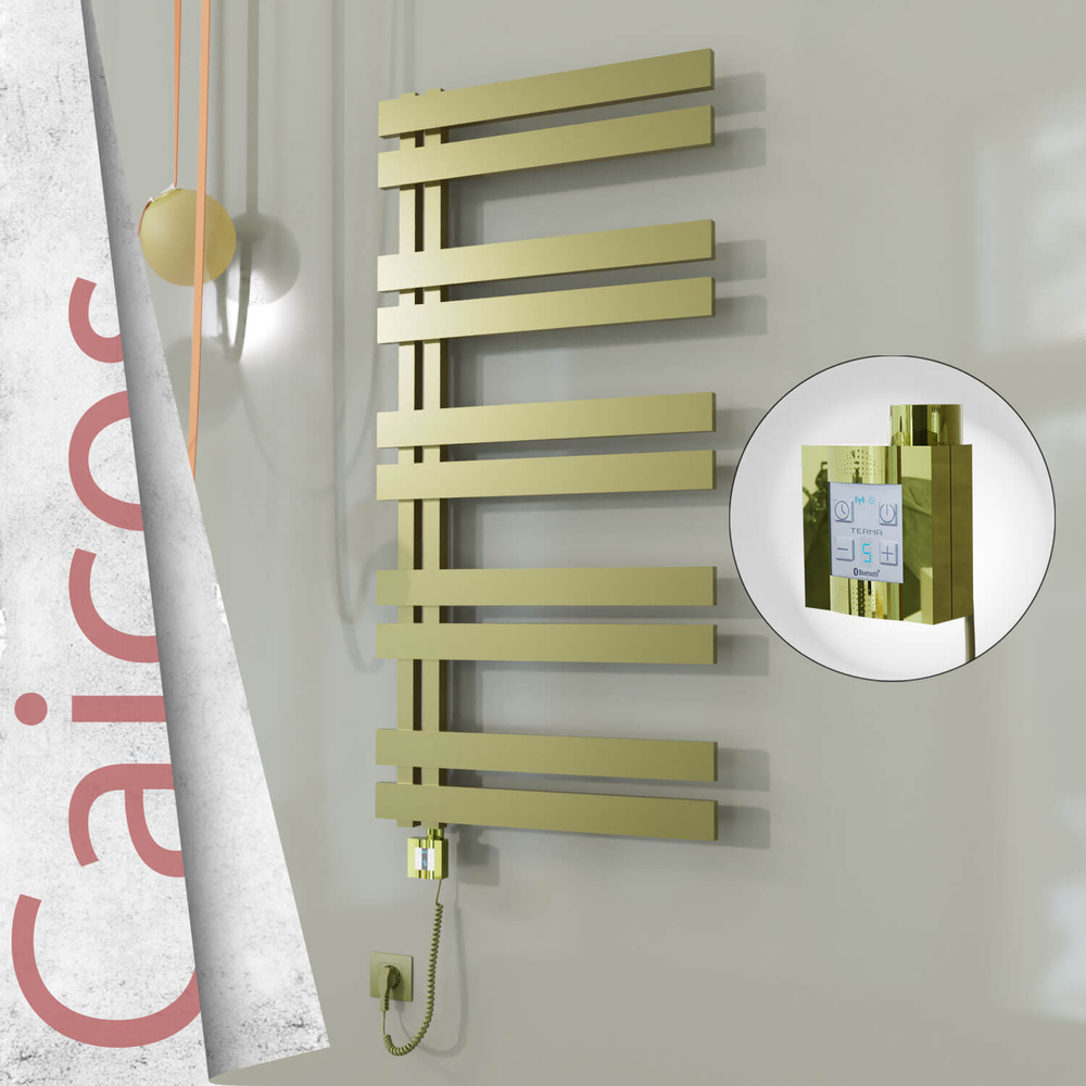 Caicos Electric Stainless Steel Towel Rail 400x1260 Satin Gold (KTX4 Thermostat) 300W Spiral Cable - 1