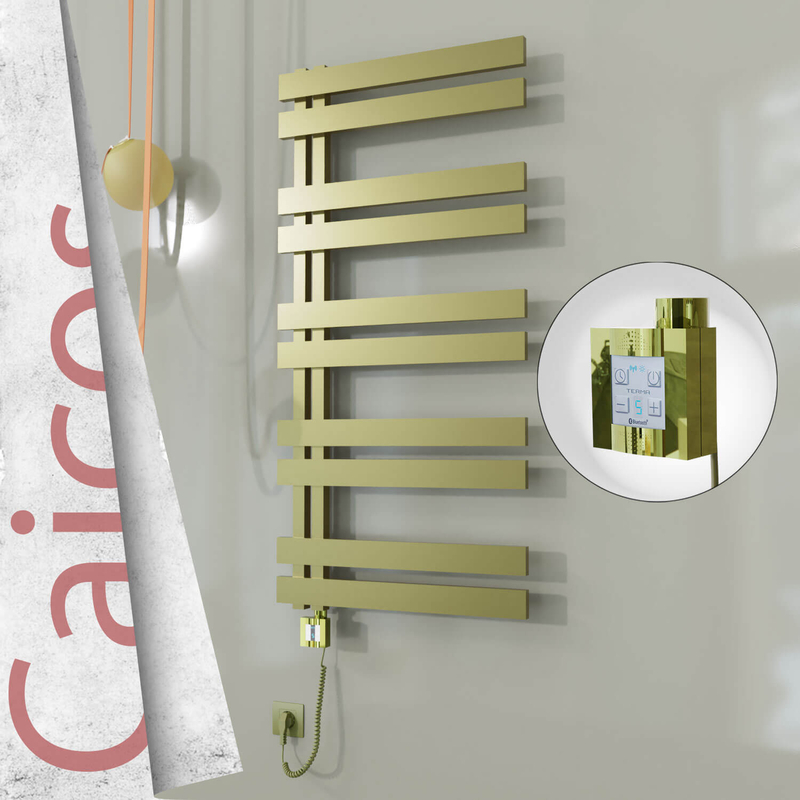 Caicos Electric Stainless Steel Towel Rail 400x1260 Satin Gold (KTX4 Thermostat) 300W Spiral Cable