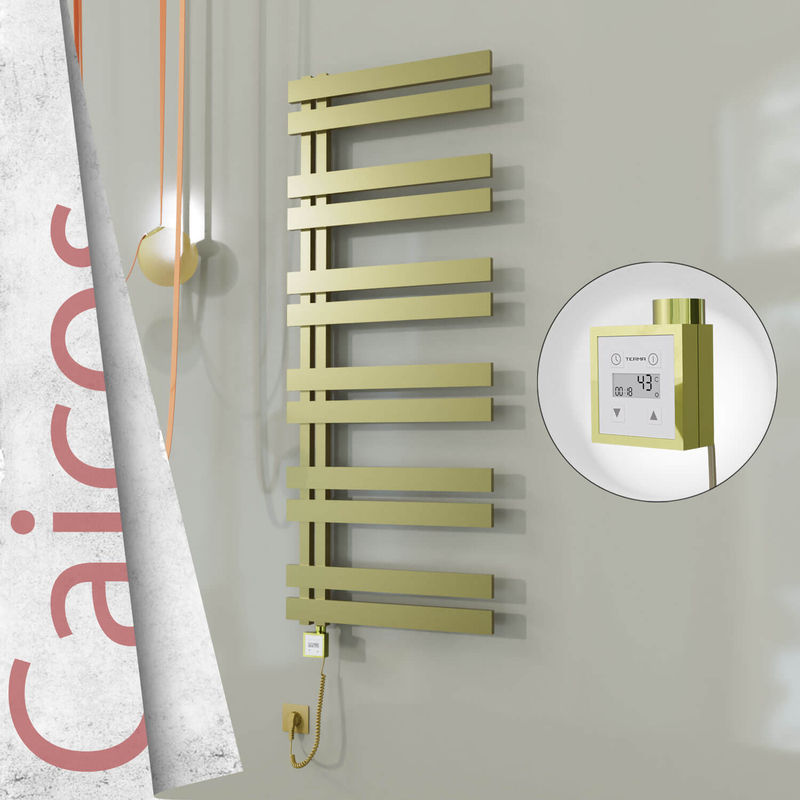 Caicos Electric Stainless Steel Towel Rail 400x1530 Satin Gold (KTX3 Thermostat) 600W Spiral Cable 