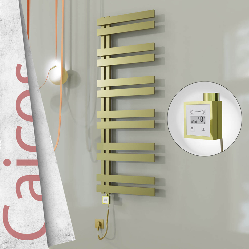 Caicos Electric Stainless Steel Towel Rail 500x1530 Satin Gold (KTX3 Thermostat) 600W Spiral Cable