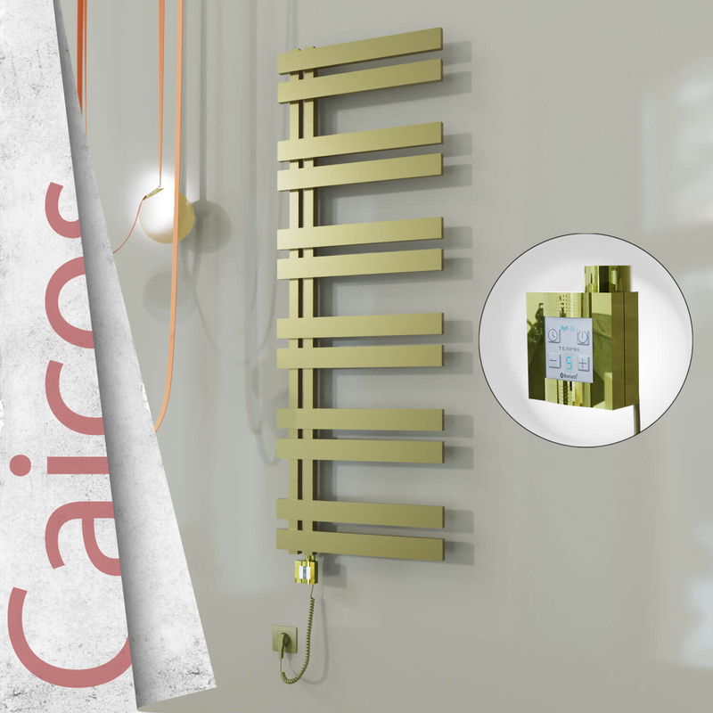 Caicos Electric Stainless Steel Towel Rail 500x1530 Satin Gold (KTX4 Thermostat) 600W Spiral Cable