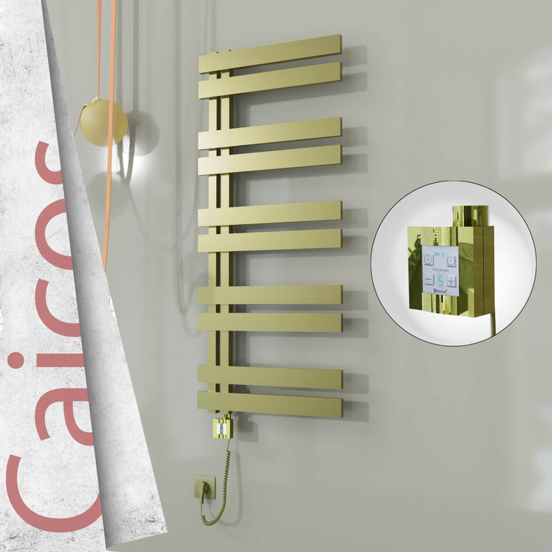 Caicos Electric Stainless Steel Towel Rail 600x1260 Satin Gold (KTX4 Thermostat) 600W Spiral Cable
