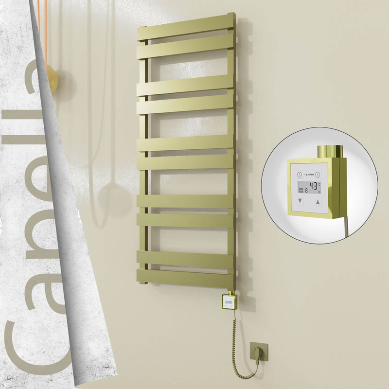 Capella Electric Stainless Steel Towel Rail 500x1260 Satin Gold (KTX3 Thermostat) 600W Spiral Cable