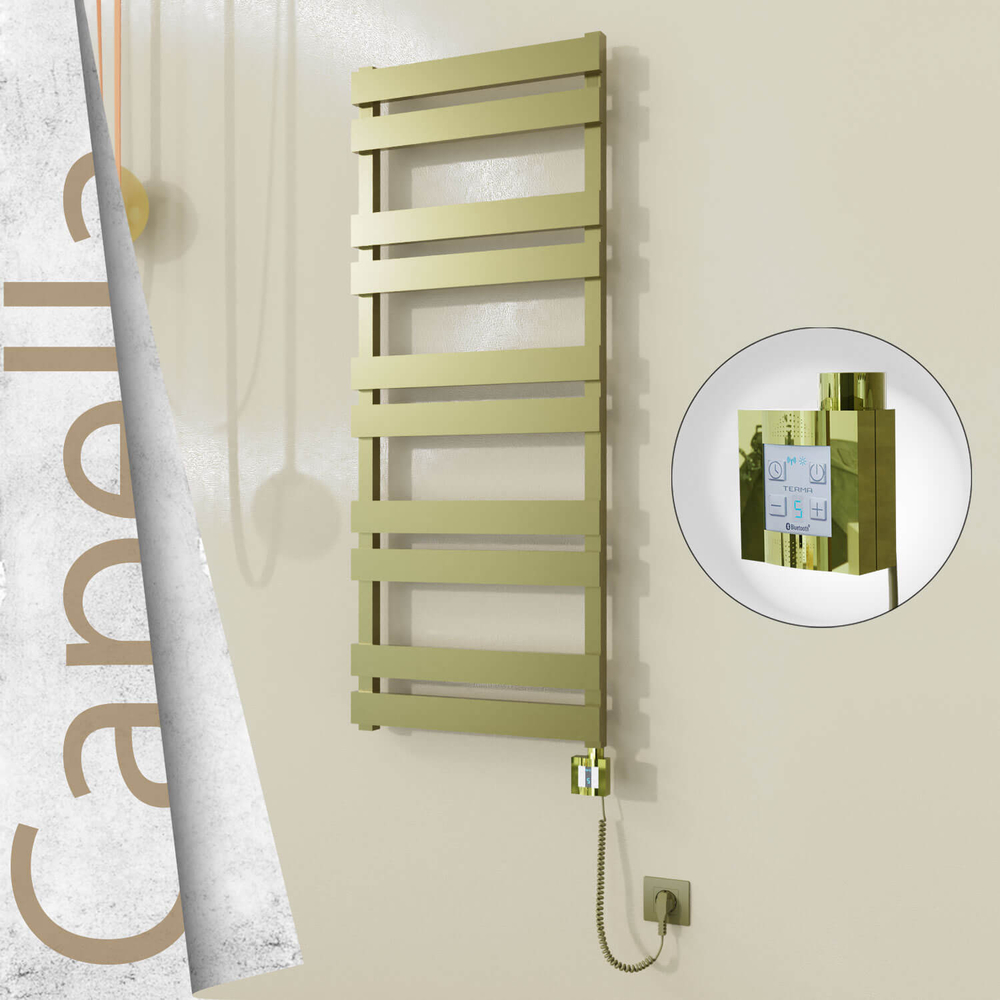 Capella Electric Stainless Steel Towel Rail 500x1260 Satin Gold (KTX4 Thermostat) 600W Spiral Cable - 1