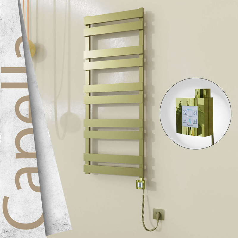Capella Electric Stainless Steel Towel Rail 500x1260 Satin Gold (KTX4 Thermostat) 600W Spiral Cable