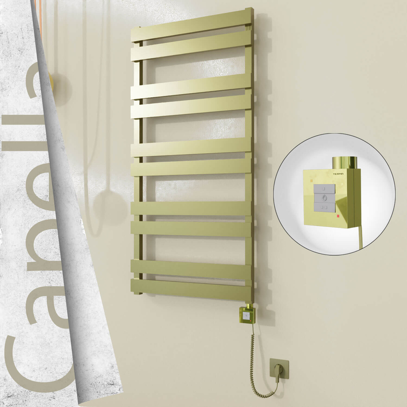 Capella Electric Stainless Steel Towel Rail 600x1260 Satin Gold (KTX1 Thermostat) 600W Spiral Cable