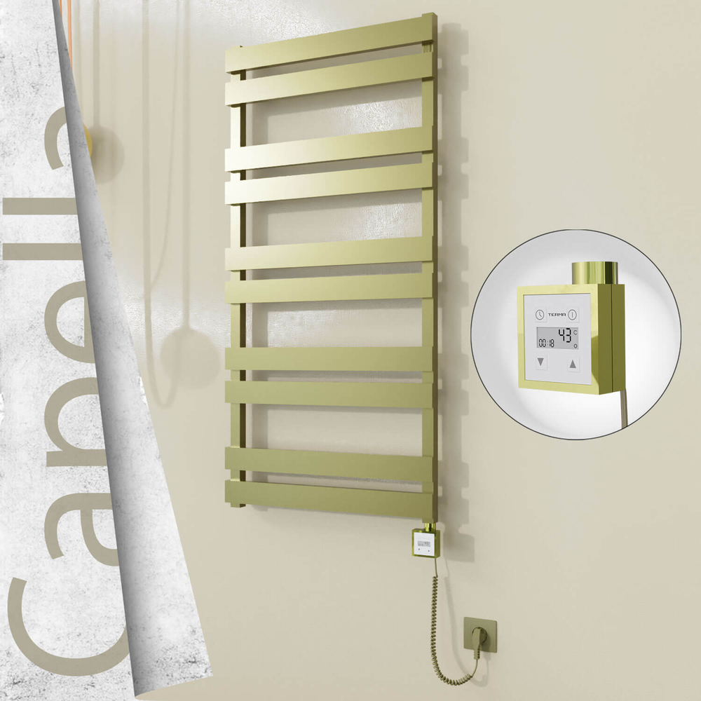 Capella Electric Stainless Steel Towel Rail 600x1260 Satin Gold (KTX3 Thermostat) 600W Spiral Cable - 1