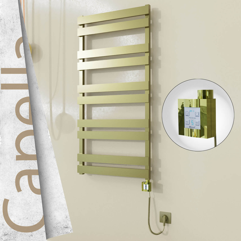 Capella Electric Stainless Steel Towel Rail 600x1260 Satin Gold (KTX4 Thermostat) 600W Spiral Cable