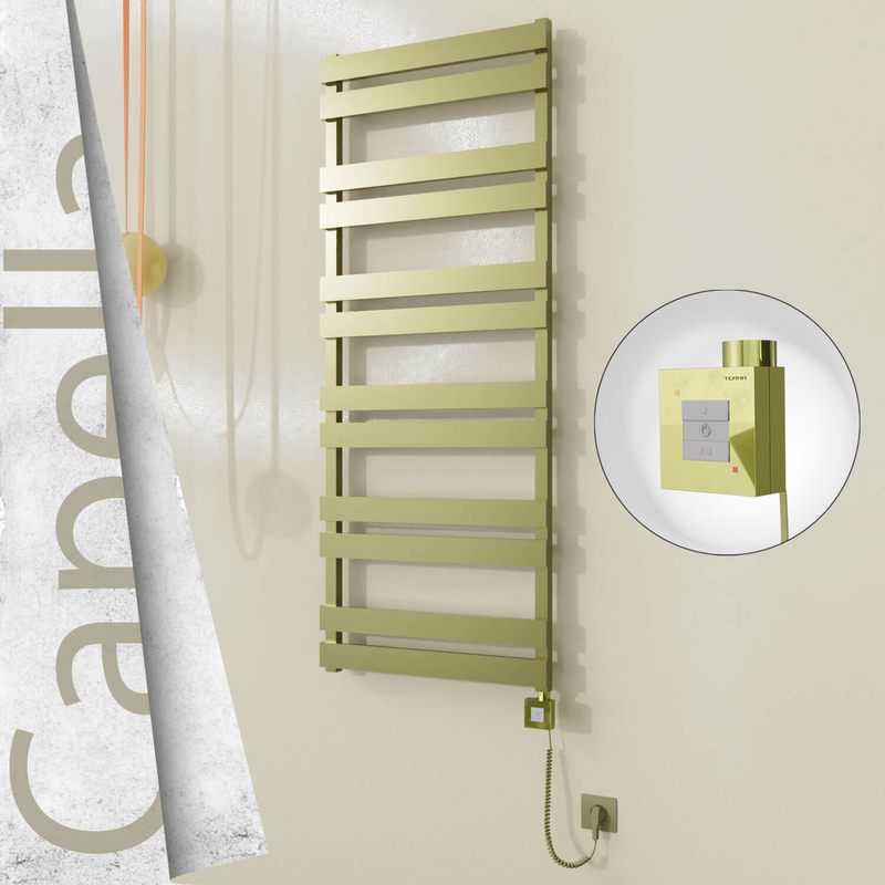 Capella Electric Stainless Steel Towel Rail 600x1530 Satin Gold (KTX1 Thermostat) 600W Spiral Cable