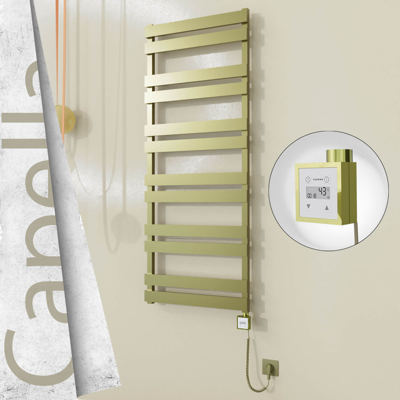 Capella Electric Stainless Steel Towel Rail 600x1530 Satin Gold (KTX3 Thermostat) 600W Spiral Cable