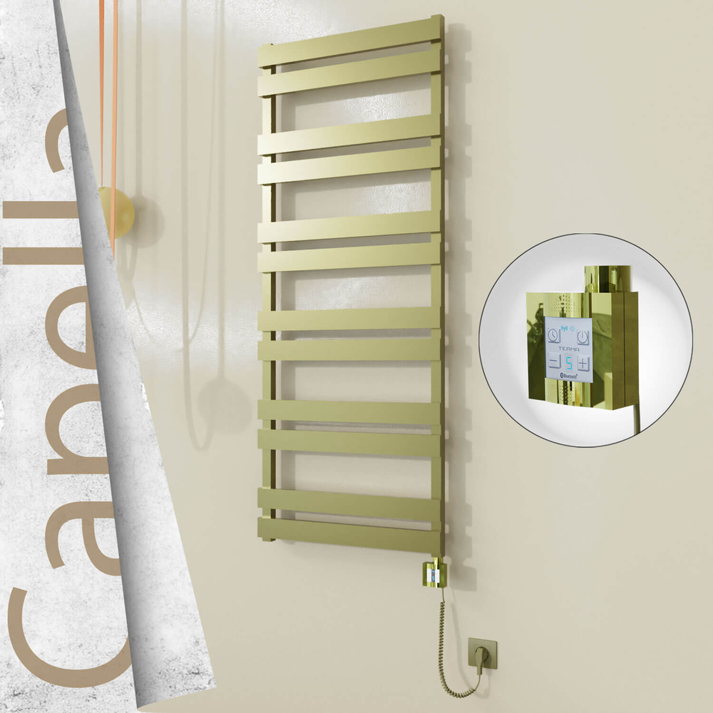 Capella Electric Stainless Steel Towel Rail 600x1530 Satin Gold (KTX4 Thermostat) 600W Spiral Cable - 1