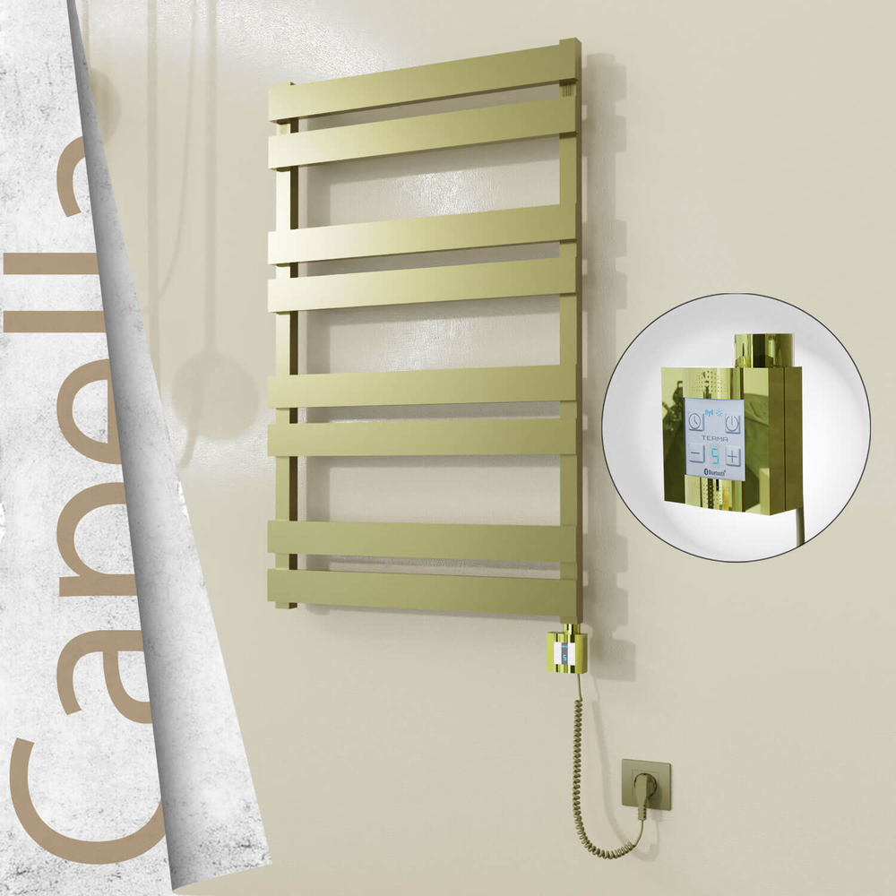 Capella Electric Stainless Steel Towel Rail 600x990 Satin Gold (KTX4 Thermostat) 300W Spiral Cable - 1