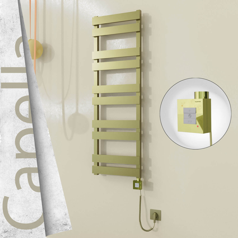 Capella Sèche-serviettes Électrique en Inox 400x1260 Doré Satiné (KTX1 Thermostat) 300W Câble Spiralé 