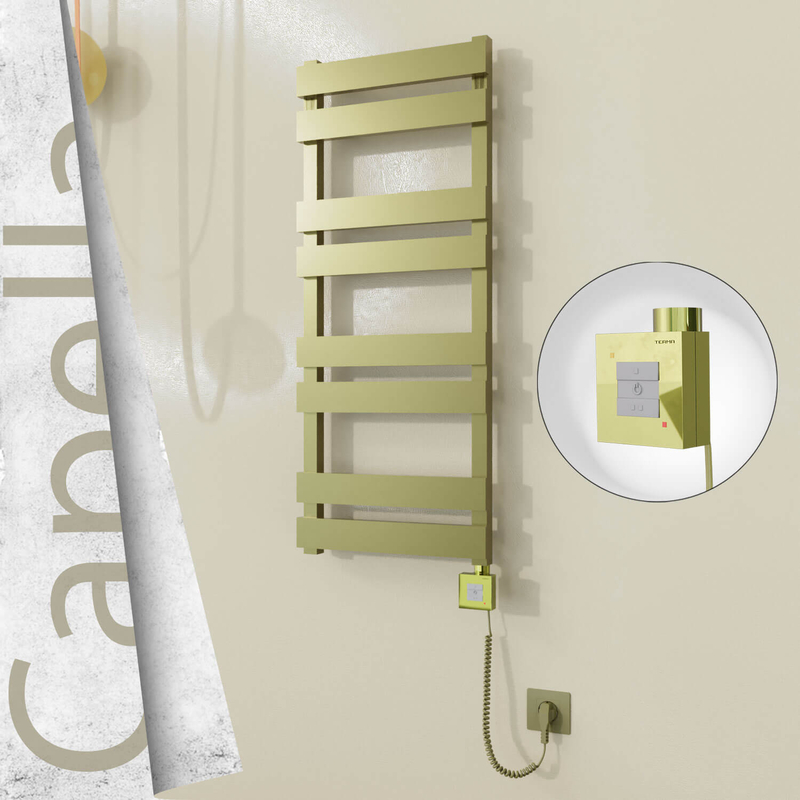 Capella Sèche-serviettes Électrique en Inox 400x990 Doré Satiné (KTX1 Thermostat) 300W Câble Spiralé 