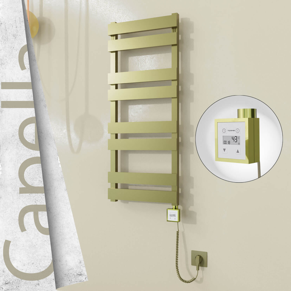 Capella Sèche-serviettes Électrique en Inox 400x990 Doré Satiné (KTX3 Thermostat) 300W Câble Spiralé - 1