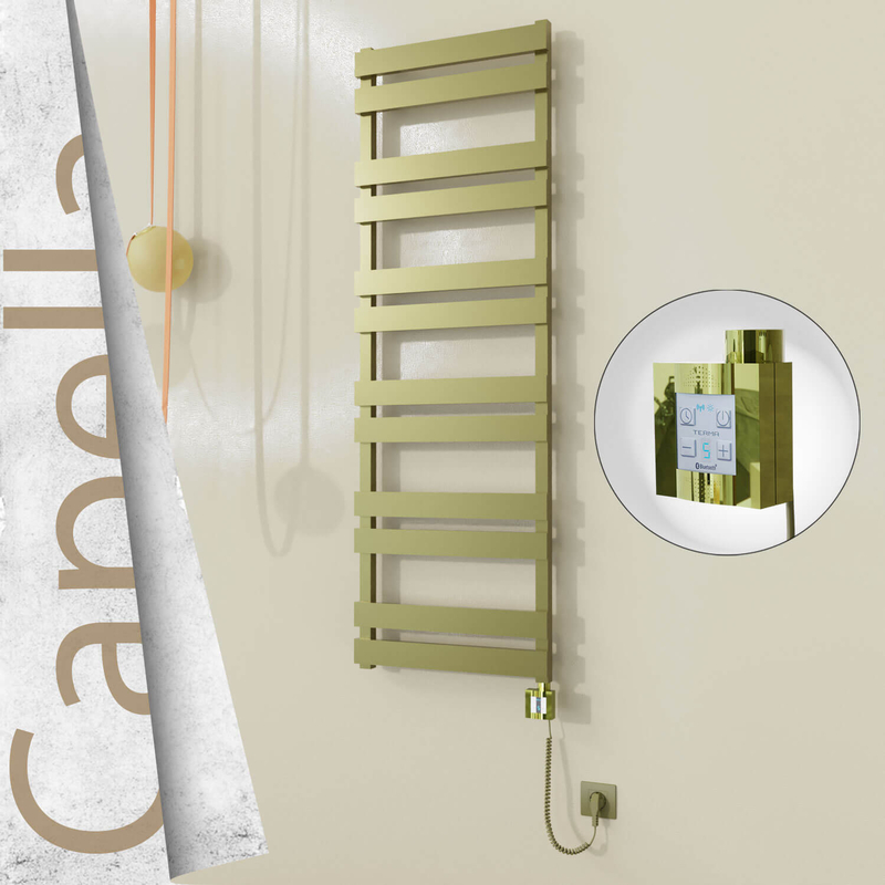 Capella Sèche-serviettes Électrique en Inox 500x1530 Doré Satiné (KTX4 Thermostat) 600W Câble Spiralé 