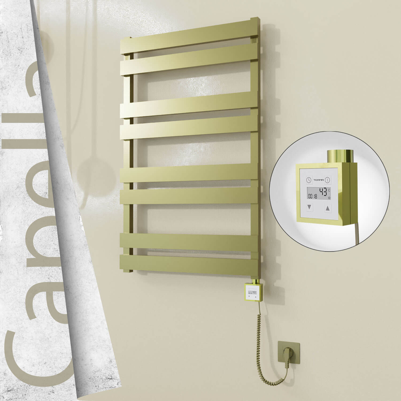 Capella Sèche-serviettes Électrique en Inox 600x990 Doré Satiné (KTX3 Thermostat) 300W Câble Spiralé
