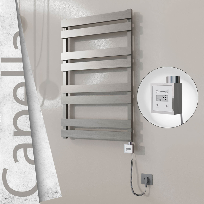 Capella Sèche-serviettes Électrique en Inox 600x990 Poli Satiné (KTX3 Thermostat) 300W Câble Spiralé