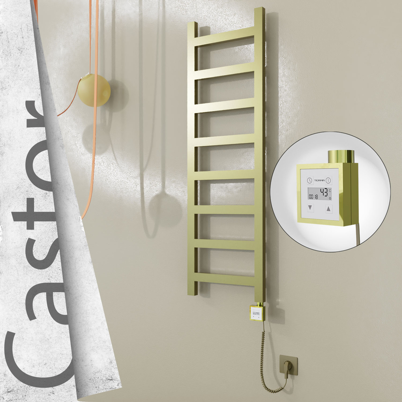 Castor Electric Stainless Steel Towel Rail 400x1300 Satin Gold (KTX3 Thermostat) 300W Spiral Cable