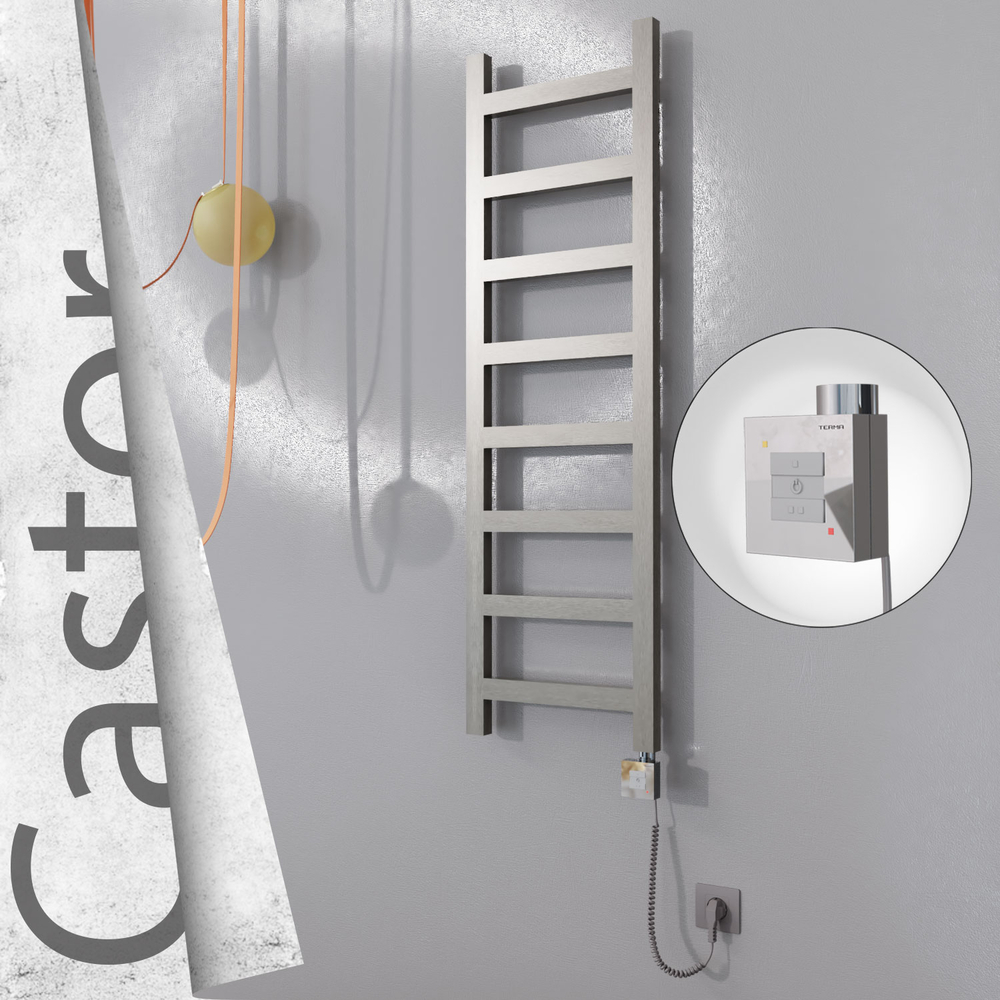 Castor Electric Stainless Steel Towel Rail 400x1300 Satin Polished (KTX1 Thermostat) 300W Spiral Cable - 1