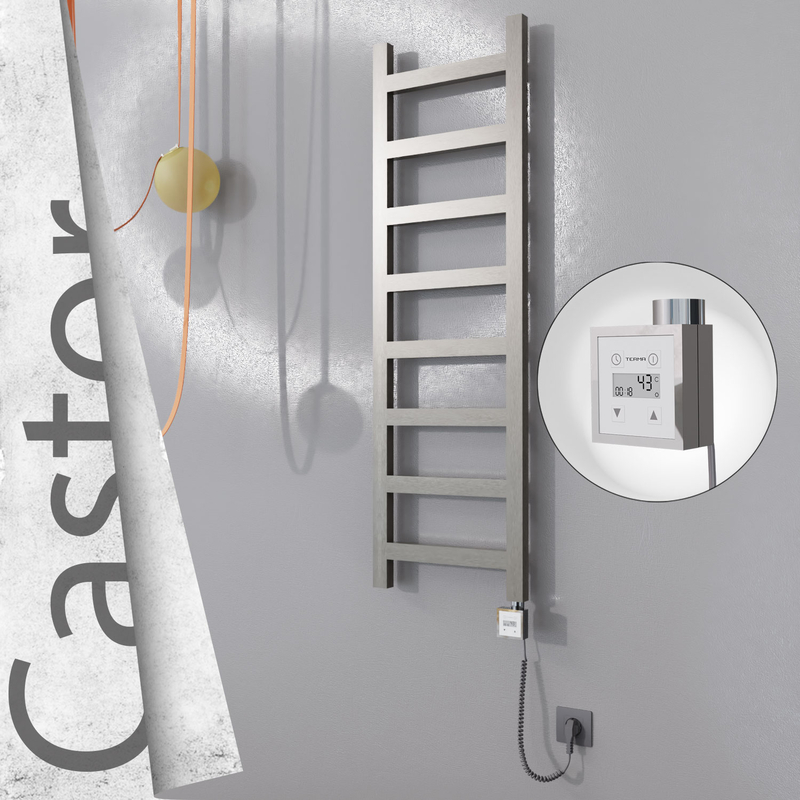 Castor Electric Stainless Steel Towel Rail 400x1300 Satin Polished (KTX3 Thermostat) 300W Spiral Cable