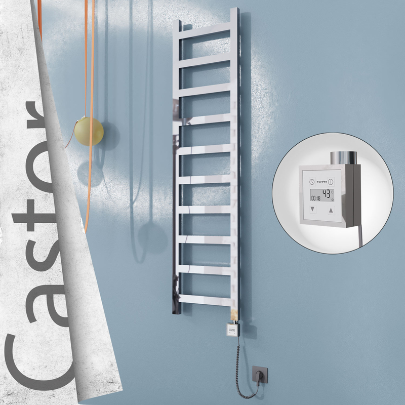 Castor Electric Stainless Steel Towel Rail 400x1620 Mirror Polished (KTX3 Thermostat) 300W Spiral Cable 