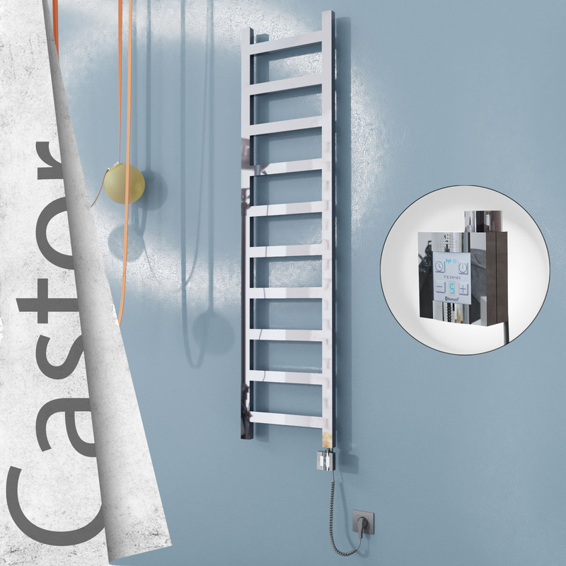 Castor Electric Stainless Steel Towel Rail 400x1620 Mirror Polished (KTX4 Thermostat) 300W Spiral Cable