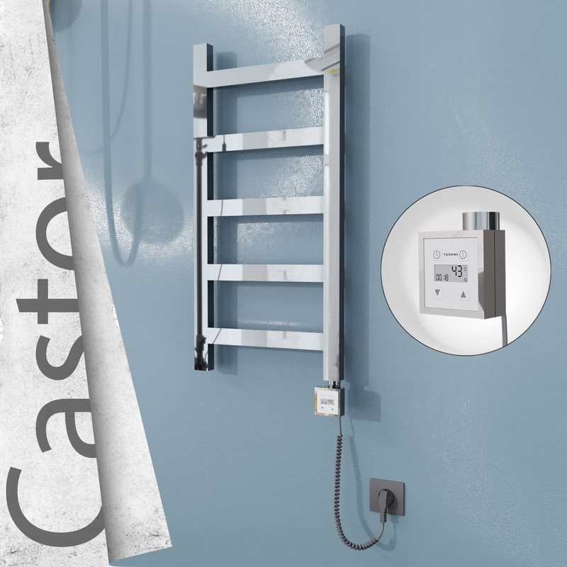 Castor Electric Stainless Steel Towel Rail 400x820 Mirror Polished (KTX3 Thermostat) 200W Spiral Cable 