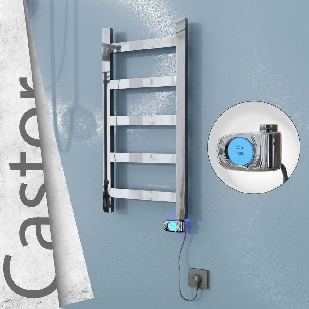 Castor Electric Stainless Steel Towel Rail 400x820 Mirror Polished (Musa Thermostat) 200W - 1