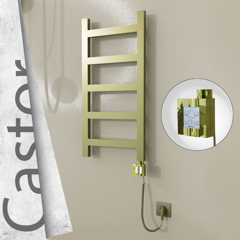 Castor Electric Stainless Steel Towel Rail 400x820 Satin Gold (KTX4 Thermostat) 200W Spiral Cable - 1